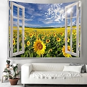 お買い得  風景タペストリー-窓の花畑吊りタペストリー壁アート大きなタペストリー壁画装飾写真背景ブランケットカーテン家寝室リビングルーム装飾