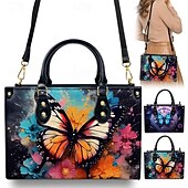 billiga Hand- och toteväskor-Dam Handväska Crossbody-väska Axelväska Boston väska PU läder Handla Dagligen Helgdag Tryck Stor kapacitet Multi Carry Fjäril Blommor Ljusröd Blå