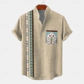 halpa Etninen malli-Miesten Paita Button Up paita Lyhythihainen Vintage Vapaa-aika Viidakko Loma Päivittäin Kesä Kevät Nauhakaulus isoisän kaulus Painettu Apila Khaki Beesi