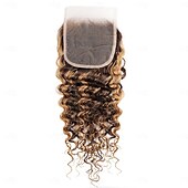 abordables 3 paquets extensions à fixation-Lot de 3 extensions de cheveux humains ondulés profonds P4/27 avec fermeture 4*4 pour femmes noires