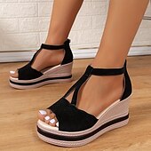 economico Sandali Casual-Per donna Sandali Sandali con la zeppa Giornaliero Zeppa Punta aperta Comoda Finto camoscio Listino alla caviglia Nero Marrone