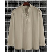 お買い得  ビジネスカジュアル-男性用 シャツ カジュアルシャツ コットンシャツ 平織り ハワイアン 祝日 ブラック ホワイト カーキ色 長袖 Band Collar 春 &amp; 秋 衣類 レースアップ