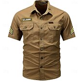 cheap Men&#039;s Western Shirts-Men&#039;s Army Work Shirt Western Shirt Button Up Shirt Short Sleeve Casual Tactical Sports &amp; Outdoor Going out Summer Spring Turndown Print Black Army Green Khaki Dark Blue Beige