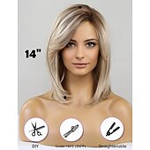 baratos peruca mais velha-Perucas bob na altura dos ombros para mulheres com divisão lateral curta loira natural, perucas sintéticas resistentes ao calor