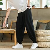 baratos Lar-Homens Calças de linho Calça verão Calça casual Bolsos Côr Sólida Respirável Comprimento total Esportes Relaxantes Casual Ajuste Largo Preto Azul Profundo Sem Elasticidade