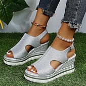 cheap Casual Sandals-Women&#039;s Glitter Wedge Sandals – Open-Toe Design with Cut-Out Details, Adjustable Strap, and Platform Sole, Perfect for Summer Parties and Casual Outings