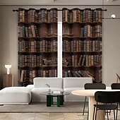 preiswerte Blackout -Vorhang-Vintage Bücherregal Verdunkelungsvorhänge Türisolierung Außenbalkon Rest Wohnzimmer Wohndekoration 2-teiliges Set mit 3D-Digitaldruck perforiert