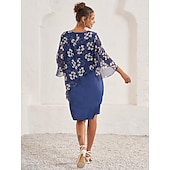 billige Blomstrete kjoler-kvinners bryllup gjestekjole en linje kjole elegant blomstret midikjole chiffon utsvingte ermer rund hals patchwork vanlig passform bryllup gjestecocktailparty blå sommer