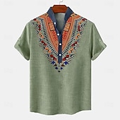 cheap Classic-Men&#039;s Linen Shirt Henley Shirt Retro Shirts Vintage Shirt Ethnic Shirt Ethnic Vacation Daily Blue Green Khaki Short Sleeve Mandarin Collar Summer Spring Clothing Apparel Print
