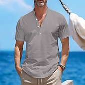 preiswerte Urlaub-Herren Hemd leinenhemd Hemd mit Stehkragen Popover-Shirt Sommerhemd Strandhemd Glatt Urlaub Curise Schwarz Weiß Rosa Grün Kurzarm Henley Sommer Bekleidung
