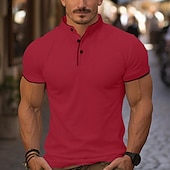 cheap Sports-Men&#039;s Golf Shirt Golf Polo Work Casual Stand Collar Short Sleeve Basic Modern Color Block Patchwork Button Spring &amp; Summer Regular Fit Wine Pink Navy Blue Green Golf Shirt
