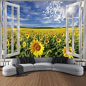 お買い得  風景タペストリー-窓の花畑吊りタペストリー壁アート大きなタペストリー壁画装飾写真背景ブランケットカーテン家寝室リビングルーム装飾