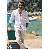 ieftine Business Casual-Bărbați Cămașă Cămașă albă din bumbac Cămașă casual Cămașă din bumbac și in Cămașă din bumbac Σταυρός Vacanță Hawaiian Negru Alb Roz Îmbujorat Gri Manșon Lung Rever Primăvara &amp; toamnă Îmbrăcăminte