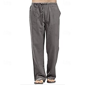 cheap Classic-Men&#039;s Linen Pants Trousers Summer Pants Beach Pants Pocket Drawstring Elastic Waistband Plain Comfort Breathable Full Length Daily Streetwear Fashion Casual / Sporty Loose Fit Dark Khaki Black
