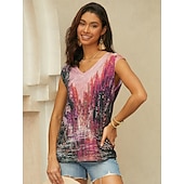 billige Grafisk butikk Tank topper &amp; Camis-dametopp basic print ermeløse vanlige topper v-hals uformell rød blå lilla brun grønn