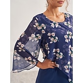 billige Blomstrete kjoler-kvinners bryllup gjestekjole en linje kjole elegant blomstret midikjole chiffon utsvingte ermer rund hals patchwork vanlig passform bryllup gjestecocktailparty blå sommer