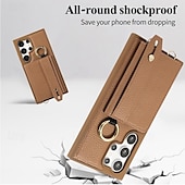 baratos Capa Samsung-telefone Capinha Para Samsung Galaxy S24 Ultra Plus S23 Ultra Plus S22 Plus Ultra S25 Ultra Capa traseira Com Suporte com pulseira Slot para cartão Retro TPU Metal Couro PU