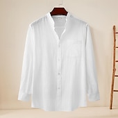 economico Casual da lavoro-Per uomo Camicia Camicia di lino Camicia in cotone e lino Camicia con colletto cinese Camicia con colletto alla coreana Camicia casual Semplice Vacanza Camicia hawaiana Bianco Blu marino Cachi Azzurro