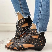 cheap Vacation Sandals-Women&#039;s Black Cut-Out Lace-Up Sandals - Stylish Wedge Heels with Geometric Patterns for Fashionable Summer Outfits