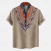 cheap Classic-Men&#039;s Linen Shirt Henley Shirt Retro Shirts Vintage Shirt Ethnic Shirt Ethnic Vacation Daily Blue Green Khaki Short Sleeve Mandarin Collar Summer Spring Clothing Apparel Print