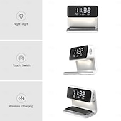 baratos Luzes inteligentes-despertador com carregamento sem fio lâmpada de toque de cabeceira despertadores quartos luz noturna display led regulável estação de carregador sem fio rápido com termômetro de ambiente interno
