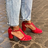 cheap Dress Sandals-Women&#039;s Red Suede T-Strap Heels with Block Heel – Vintage Style, Comfortable Fit for Casual and Evening Wear