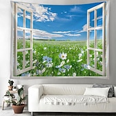 お買い得  風景タペストリー-窓の花畑吊りタペストリー壁アート大きなタペストリー壁画装飾写真背景ブランケットカーテン家寝室リビングルーム装飾