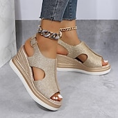 cheap Casual Sandals-Women&#039;s Glitter Wedge Sandals – Open-Toe Design with Cut-Out Details, Adjustable Strap, and Platform Sole, Perfect for Summer Parties and Casual Outings