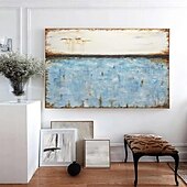 お買い得  油絵-大きな壁アート 手作りの抽象的な海の絵 手描きの特大壁アート 海の絵 キャンバスに描かれた手作りの青い風景画 寝室、リビングルーム用の青い抽象的なモダンな絵