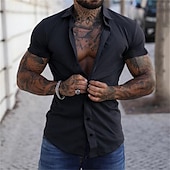abordables camisa con botones para hombre-Hombre Camisa Camisa de verano Abotonar la camisa gris azul Negro Blanco Amarillo Rosa Manga Corta Letra Cuello Vuelto Calle Casual Abotonar Ropa Mezcla de Algodón Moda Casual Cómodo