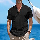 preiswerte Urlaub-Herren Hemd leinenhemd Hemd mit Stehkragen Popover-Shirt Sommerhemd Strandhemd Glatt Urlaub Curise Schwarz Weiß Rosa Grün Kurzarm Henley Sommer Bekleidung