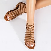cheap Casual Sandals-Women&#039;s Brown Gladiator Sandals – Strappy Flat Summer Shoes with Open-Toe Design for Casual Beach &amp; Vacation Wear