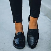 cheap Women&#039;s Slip-Ons &amp; Loafers-Black Casual Slip-On Loafers for Women – Comfortable Suede and Crocodile Pattern Design, Stylish Everyday Footwear