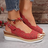 abordables Sandales Décontractées-Sandales compensées pour femmes, sandales à plateforme ajourées, bout ouvert, sangle arrière, noir, marron vin
