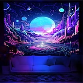 رخيصةأون Tapestries Blacklight-نسيج أسود يتفاعل مع الأشعة فوق البنفسجية ويتوهج في الظلام، حفلة مضيئة، شجرة نيون كون، قمر، مخدر، ضبابي، نسيج معلق، لوحة جدارية فنية لغرفة المعيشة