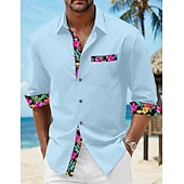 voordelige Vakantie-Voor heren Overhemd linnen overhemd Zomer overhemd Strand Kleding Overhemd met knopen Bloemig Vakantie Curise Zwart Wit Blozend Roze blauw Lange mouw Revers Lente &amp; Herfst Kleding Splits
