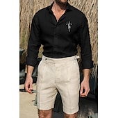 ieftine Business Casual-Bărbați Cămașă Cămașă albă din bumbac Cămașă casual Cămașă din bumbac și in Cămașă din bumbac Σταυρός Vacanță Hawaiian Negru Alb Roz Îmbujorat Gri Manșon Lung Rever Primăvara &amp; toamnă Îmbrăcăminte