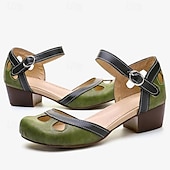 cheap Block Heels-Women&#039;s Vintage Green Mary Jane Faux Leather Heels with Cutout Design and Adjustable Strap – Comfortable Retro Block Heel Shoes for Casual and Formal Occasions