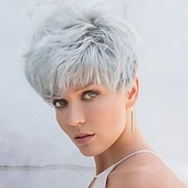baratos peruca mais velha-perucas cinza curtas perucas de corte pixie com franja branca perucas de cabelo sintético em camadas retas para mulheres (cinza misturado branco com franja branca)