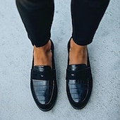 cheap Women&#039;s Slip-Ons &amp; Loafers-Black Casual Slip-On Loafers for Women – Comfortable Suede and Crocodile Pattern Design, Stylish Everyday Footwear