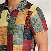 cheap Men&#039;s Color Block Polo-Men&#039;s Plaid Waffle Polo Shirts Golf Shirt Short Sleeve Polo Shirts Collared Shirts Vintage Casual Vacation Wear Formal Wear Festival Wear Buttons 3D Print Light Yellow Crystal / Orange Yellow