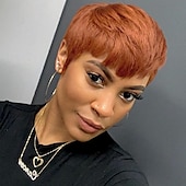 economico Parrucche di capelli veri senza cuffia-parrucche di capelli umani con taglio pixie per donne nere nessuna parrucche di pixie anteriori in pizzo a strati corti con frangia per l&#039;uso quotidiano