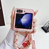 cheap Samsung Cases-Phone Case For Samsung Galaxy Z Flip 5 Z Flip 4 Z Flip 3 Back Cover with Wrist Strap Shockproof PC Metal