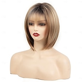 economico parrucca più vecchia-parrucca corta da pixie bob con riflessi biondi con frangia parrucca sintetica bionda ombre dritta con parrucche bionde a strati di radici scure per le donne