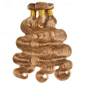 cheap 3 Bundles Human Hair Weaves-#27 Honey Blonde Human Hair Bundles with Closure Brazilian Hair Weave Bundles with Closure 10A Colored Body Wave Bundles 3PCS