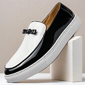 levne Neformální-pánské černo-bílé lakované mokasíny z umělé kůže s mašlí – stylové slip-on společenské boty na formální události a večírky