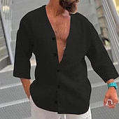 voordelige heren overhemd met knopen-Voor heren Overhemd Zomer overhemd Overhemd met knopen Normaal shirt Strand hemd Zwart Wit Licht Grijs Beige 3/4 mouw Effen V-hals Hawaii Feestdagen Kleding Modieus Casual Comfortabel