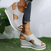 cheap Casual Sandals-Women&#039;s Glitter Wedge Sandals – Open-Toe Design with Cut-Out Details, Adjustable Strap, and Platform Sole, Perfect for Summer Parties and Casual Outings
