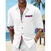 voordelige Vakantie-Voor heren Overhemd linnen overhemd Zomer overhemd Strand Kleding Overhemd met knopen Bloemig Vakantie Curise Zwart Wit Blozend Roze blauw Lange mouw Revers Lente &amp; Herfst Kleding Splits
