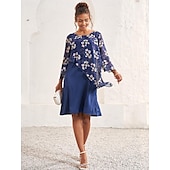 billige Blomstrete kjoler-kvinners bryllup gjestekjole en linje kjole elegant blomstret midikjole chiffon utsvingte ermer rund hals patchwork vanlig passform bryllup gjestecocktailparty blå sommer